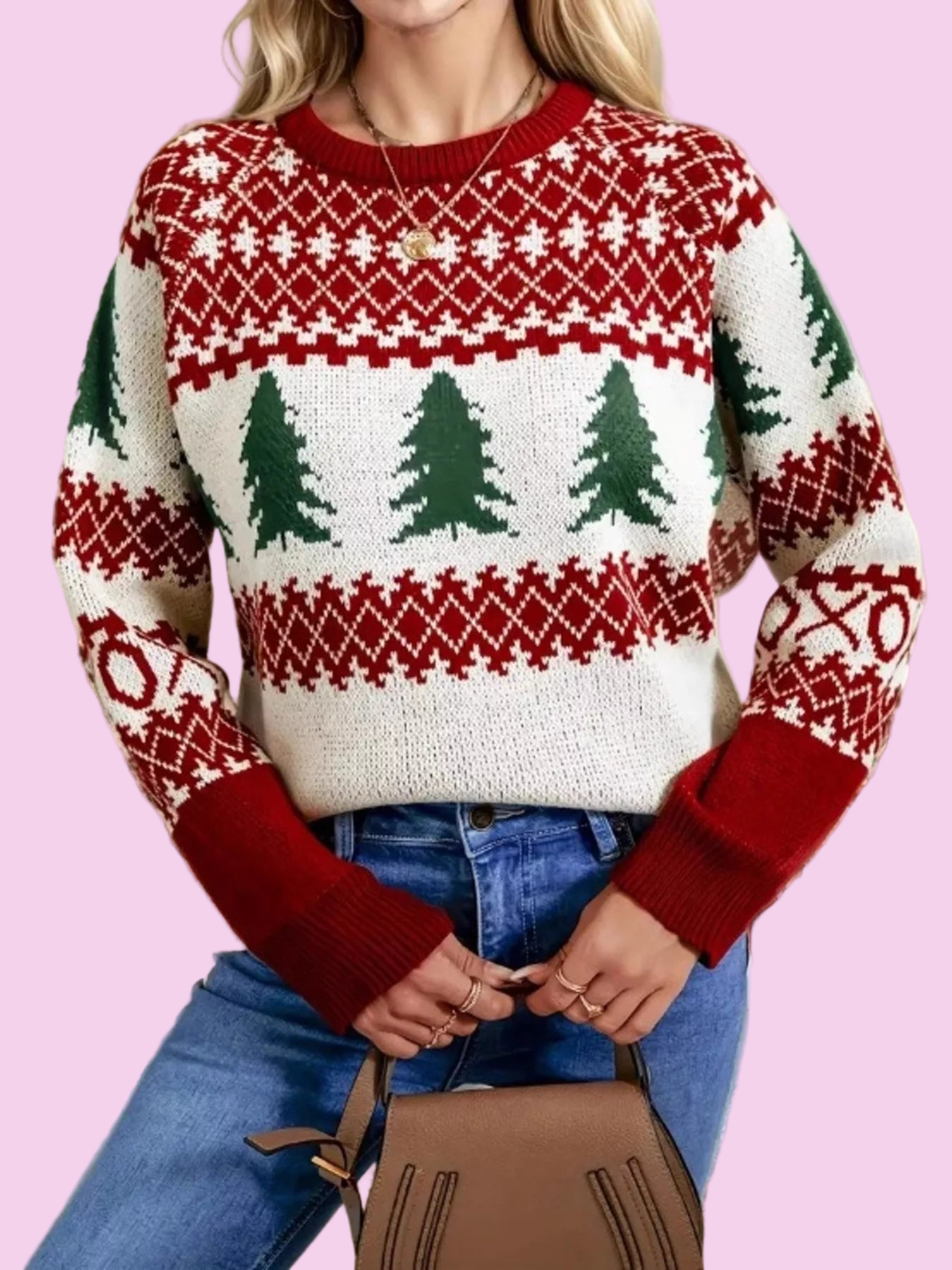 Christmas Tree Pattern Round Neck Sweater - Size: S-2XL