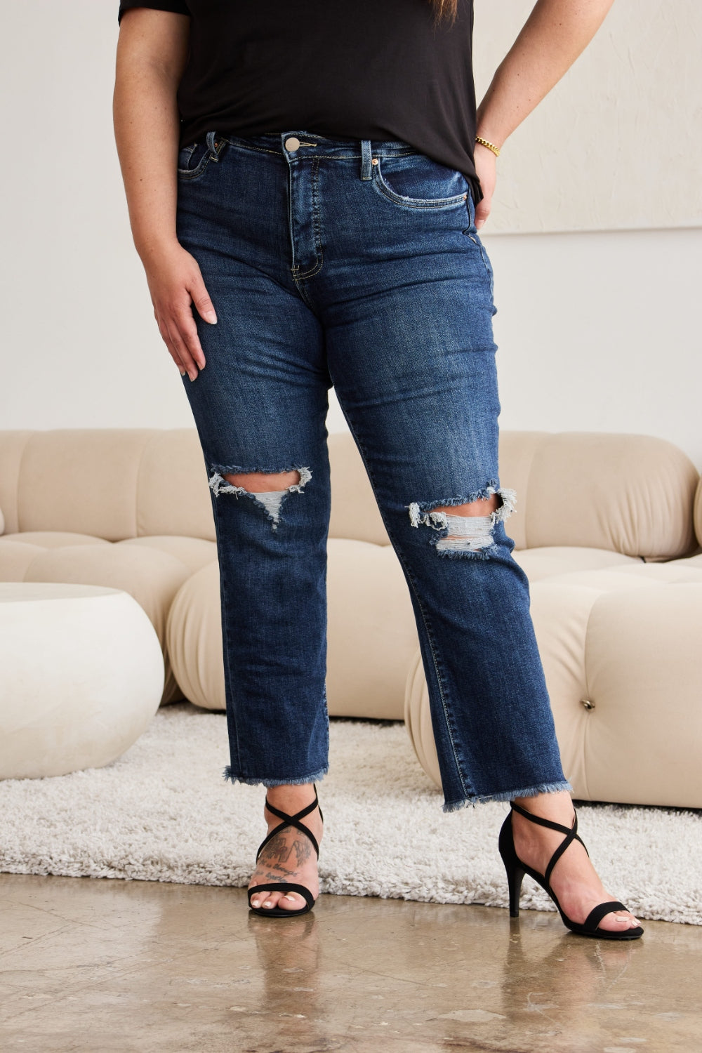 RFM - Crop Dylan Tummy Control Distressed High Waist Raw Hem Jeans - Size: 23-32 & 16W-24W