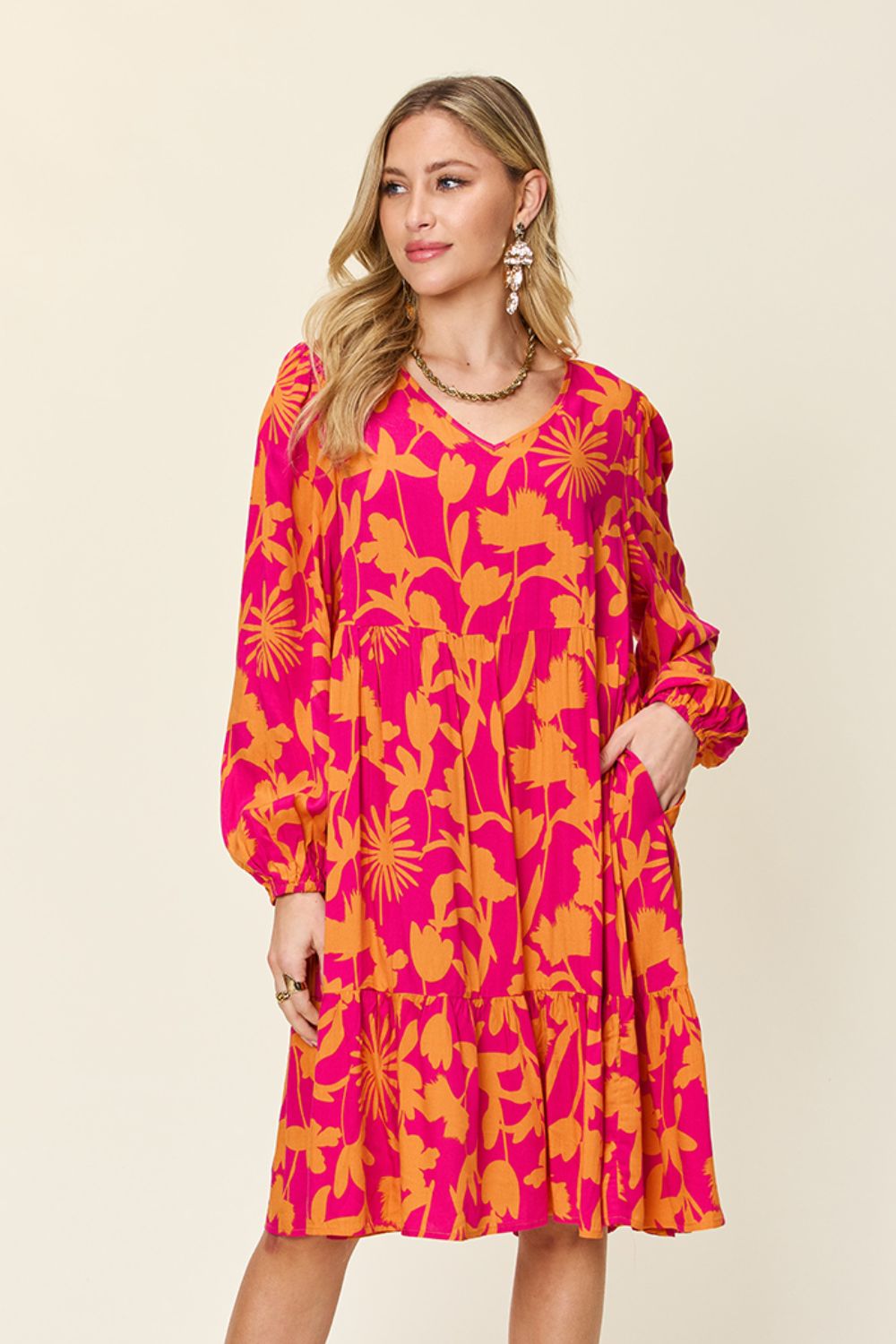 Double Take - Printed Ruffle Hem Dress with Pocket - Size: S-3XL