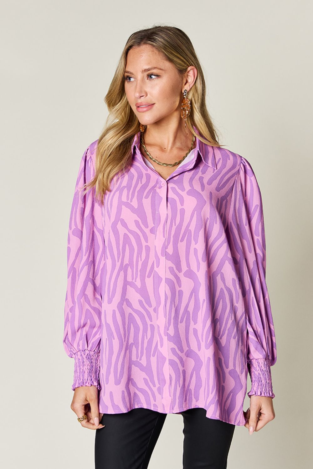 Double Take - Printed Smocked Long Sleeve Blouse - Size: S-3XL