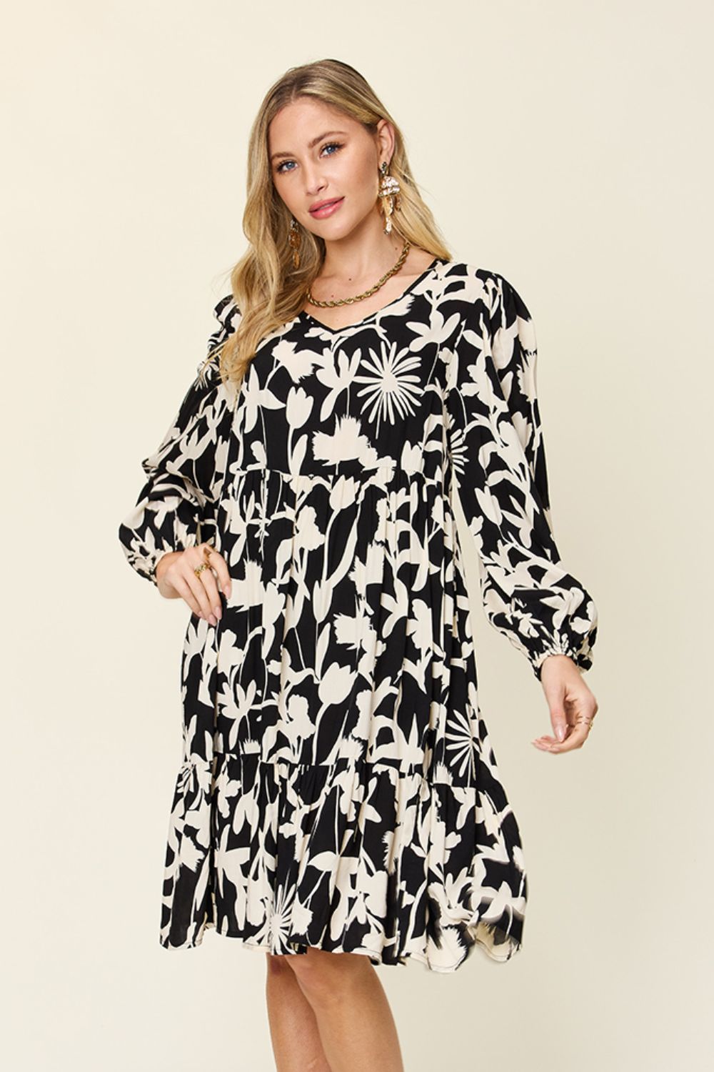 Double Take - Printed Ruffle Hem Dress with Pocket - Size: S-3XL