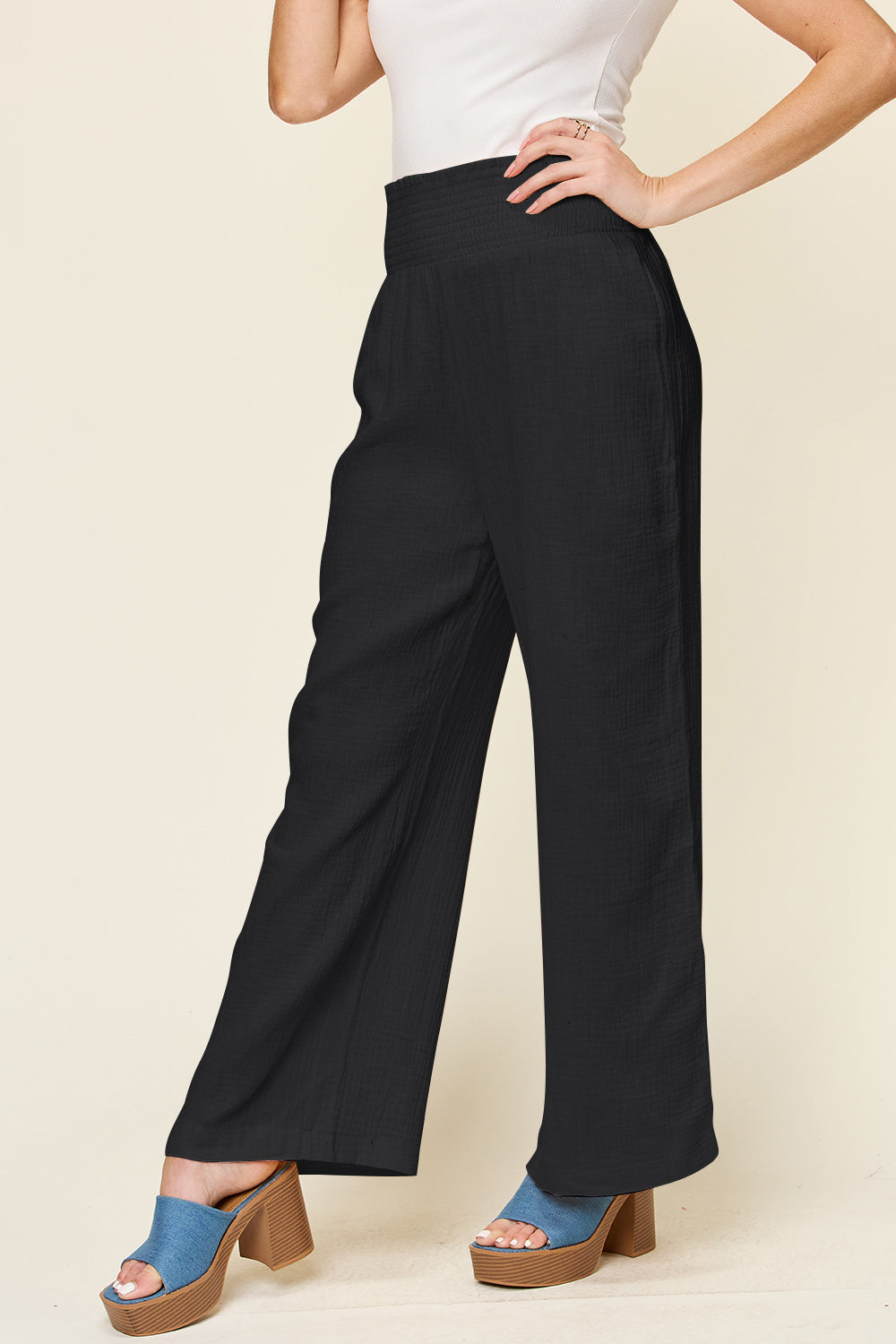 Double Take - Texture Smocked Waist Wide Leg Pants - Size: S-3XL