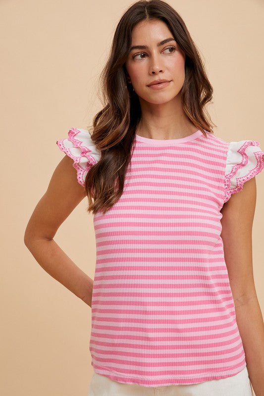 Annie Wear - Ruffled Striped Round Neck Cap Sleeve Knit Top - Size: S-XL