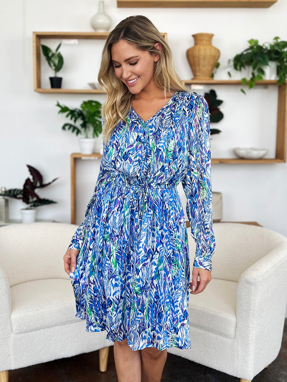 Double Take - Printed Drawstring Waist Long Sleeve Dress - S-3XL