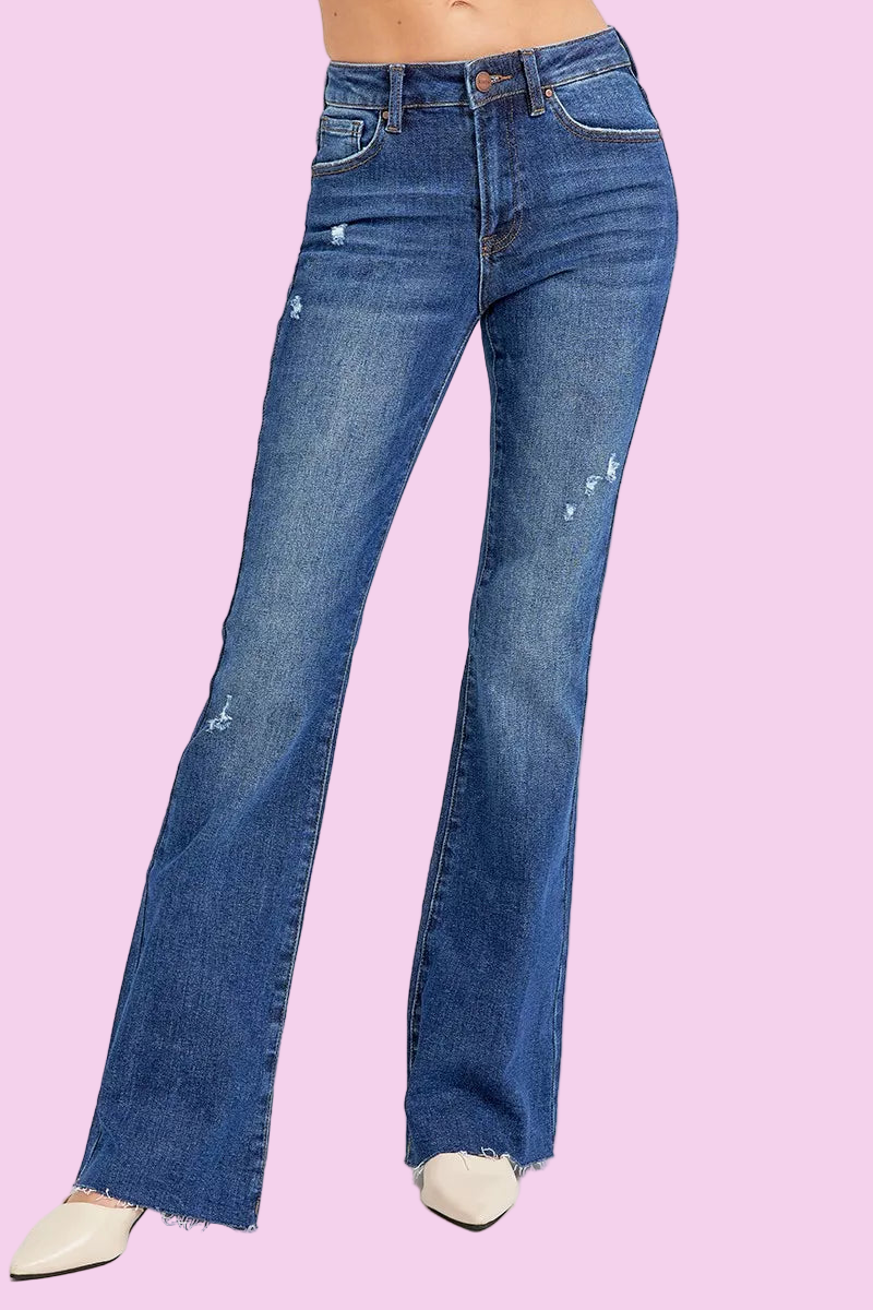 RISEN - Distressed Mid Rise Flare Jeans - Size: 0-15 & 1XL-3XL