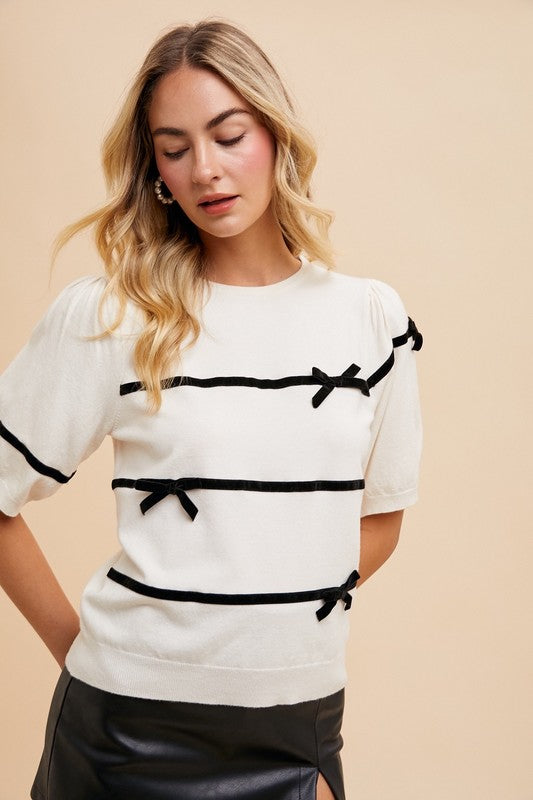 Annie Wear - Striped Bow Round Neck Knit Top - Size: S-XL