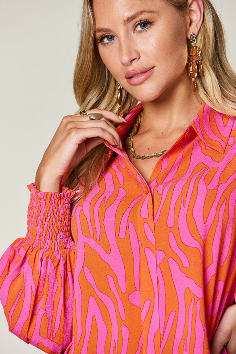 Double Take - Printed Smocked Long Sleeve Blouse - Size: S-3XL