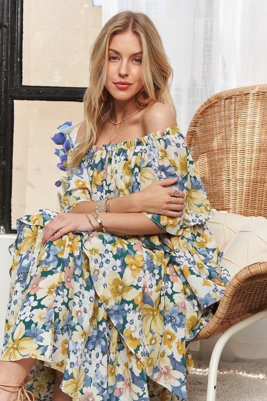 ADORA - Layered Floral Off-Shoulder Short Sleeve Maxi Dress - Size: S-L