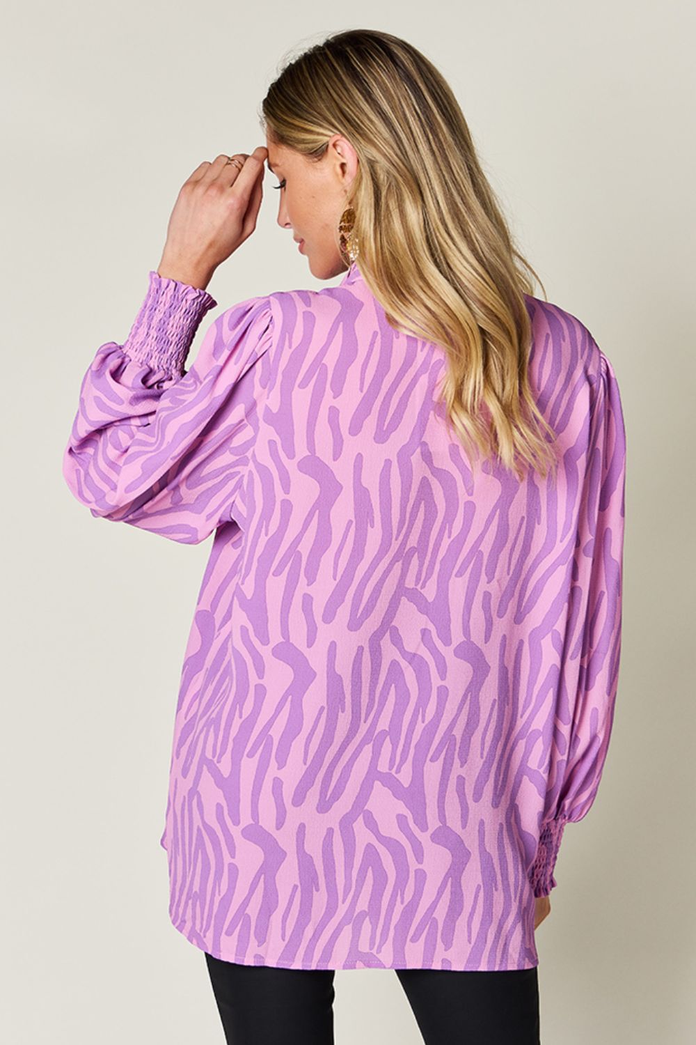 Double Take - Printed Smocked Long Sleeve Blouse - Size: S-3XL