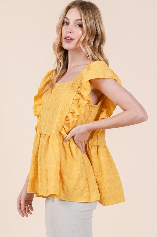 OFC - Ruffle Sleeve Textured Peplum Top