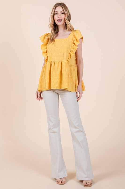 OFC - Ruffle Sleeve Textured Peplum Top