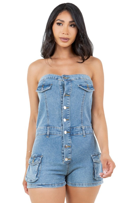 By Claude - Women's Fashion Denim Romper - Size: S-2XL