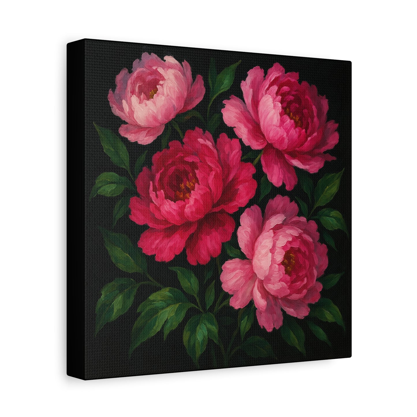 10×10" or 20x20" - Peony Bloom Matte Canvas Wall Art – Bold Pink Floral on Black Background for Modern Home Decor