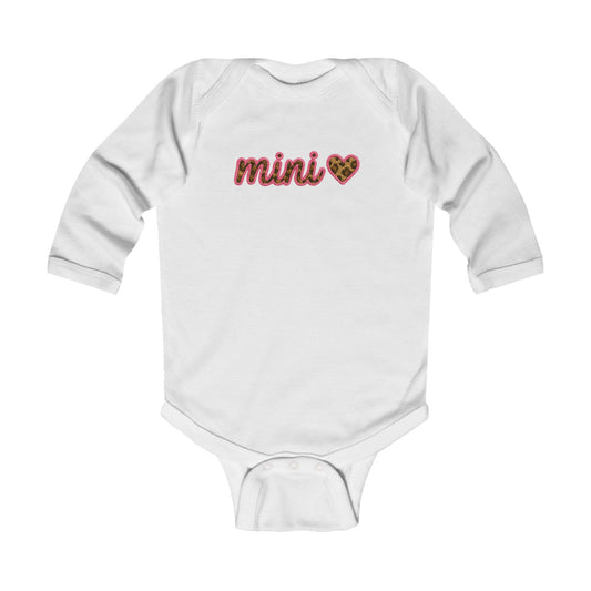 Mama & Mini "Mini" Faux Embroidery Pink Leopard Heart Long Sleeve Onesie - Size: NB-18M
