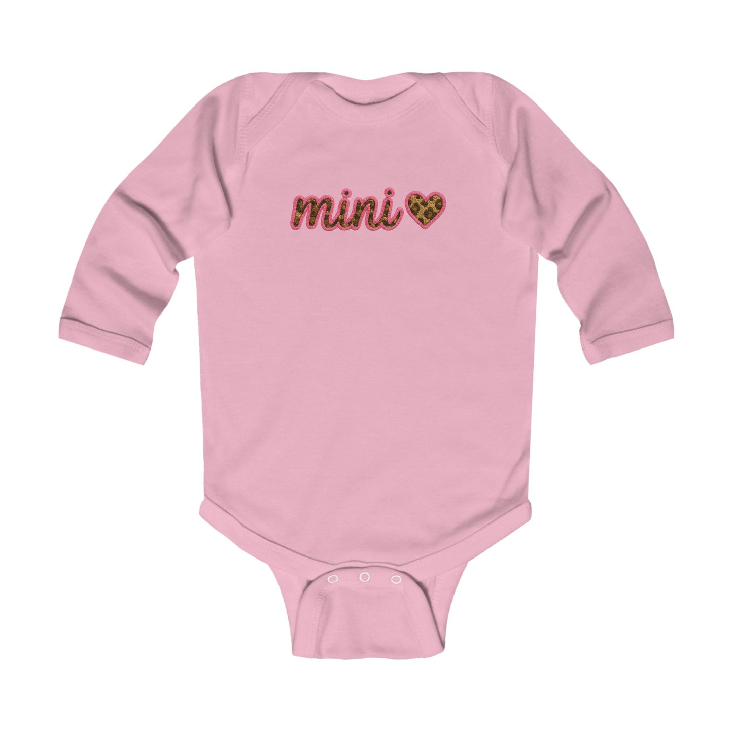 Mama & Mini "Mini" Faux Embroidery Pink Leopard Heart Long Sleeve Onesie - Size: NB-18M