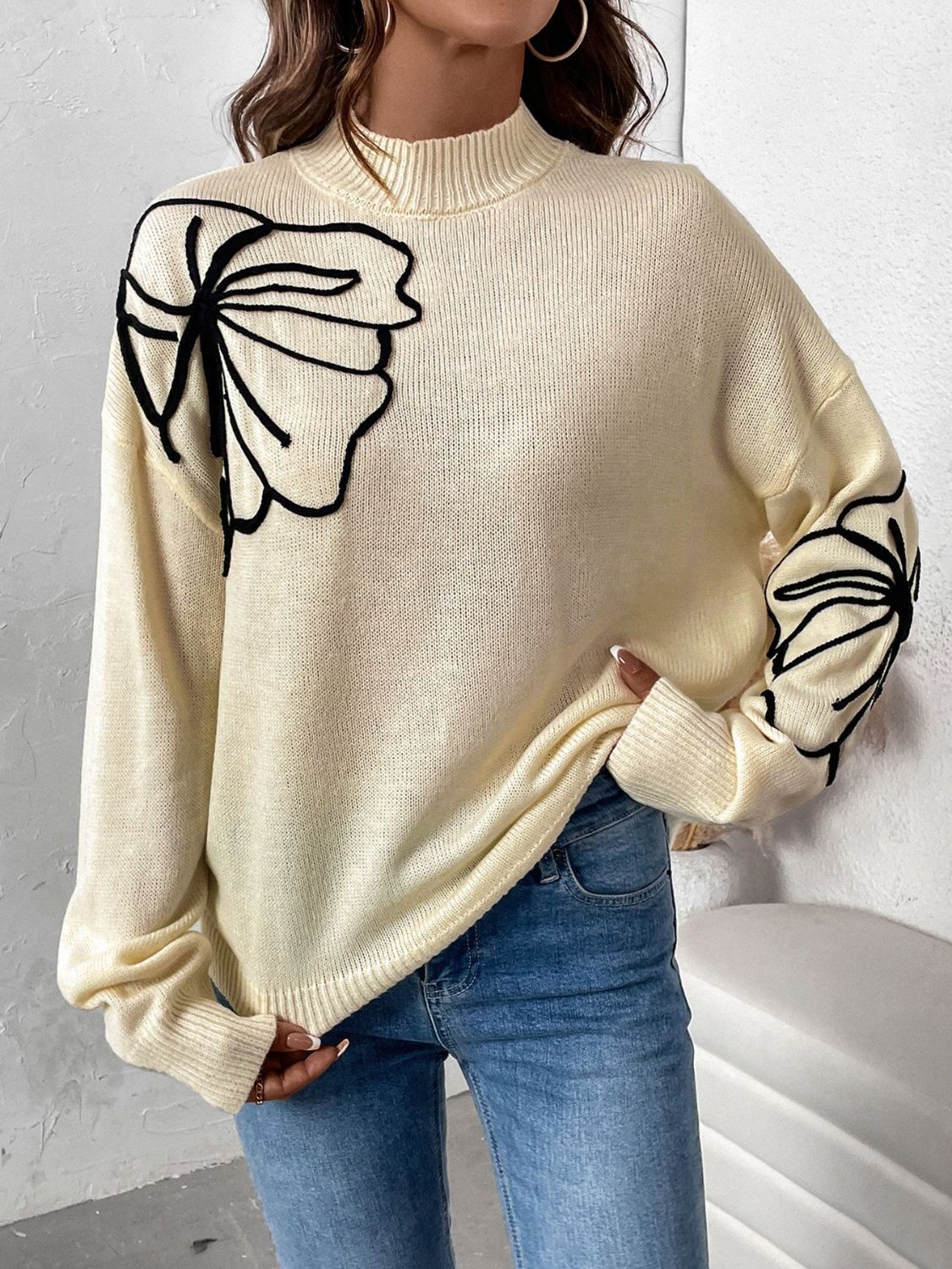 Perfee - Mock Neck Dropped Shoulder Long Sleeve Sweater