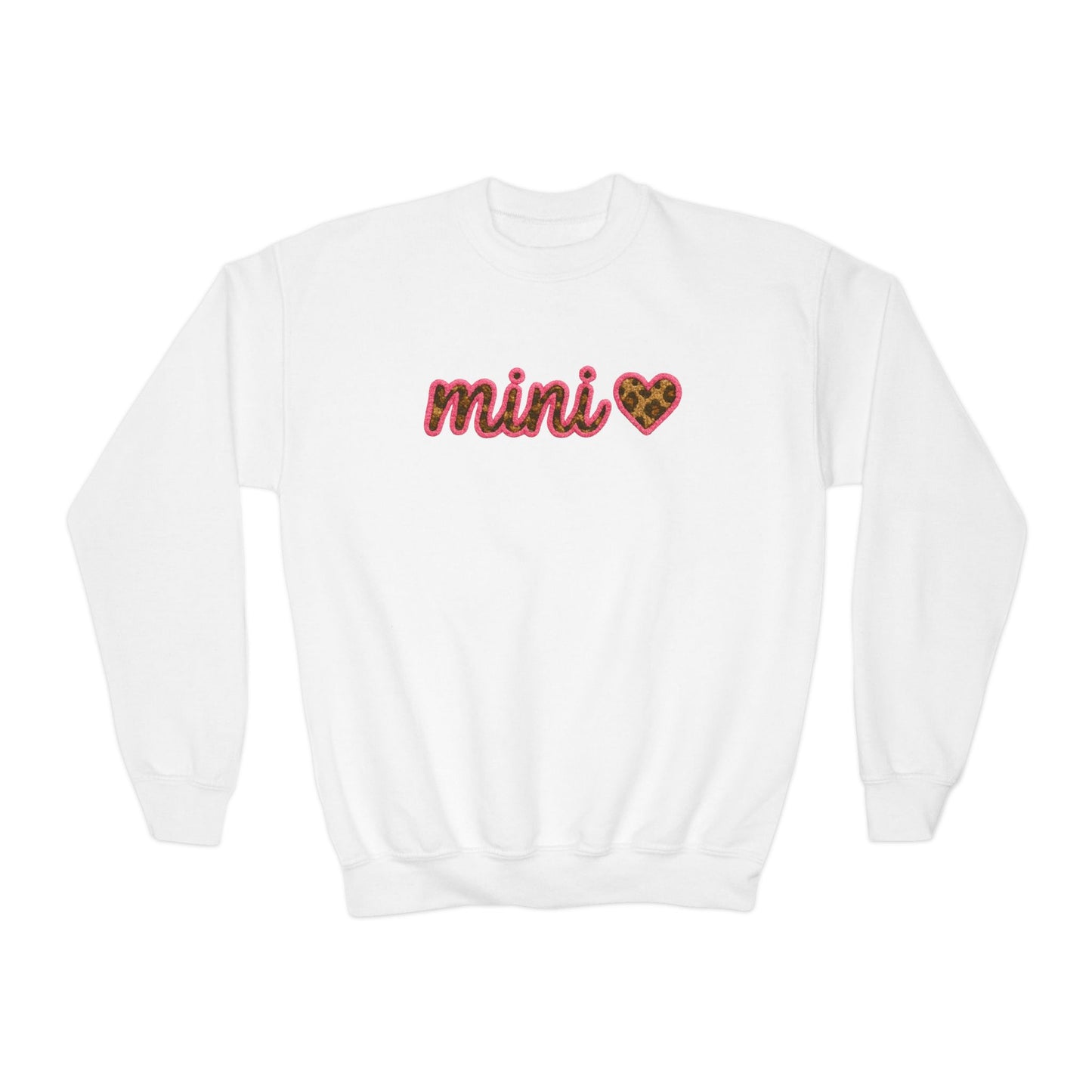 Mama & Mini "Mini" Youth Crewneck Sweatshirt - Faux Embroidery Pink Leopard Heart DTG - Size: YXS-YXL