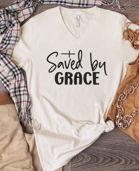 Saved By Grace - V-Neck Graphic Tee - Size: XS-XL