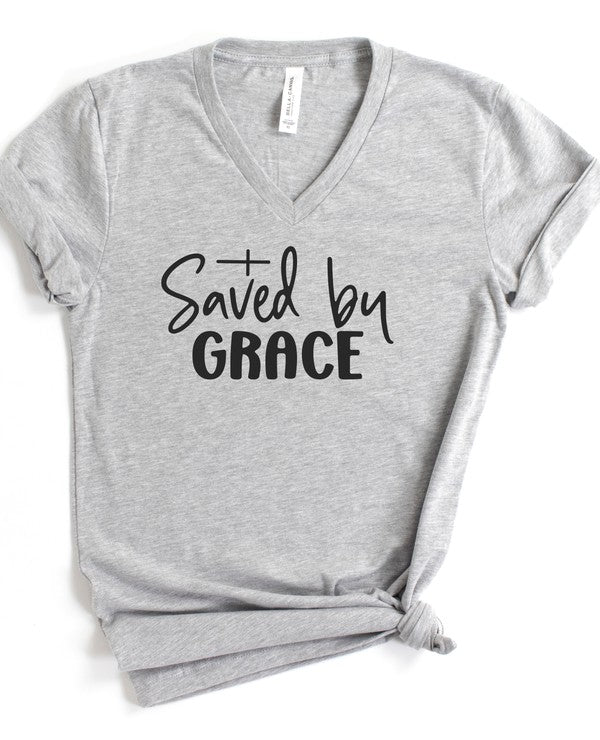 Saved By Grace - V-Neck Graphic Tee - Size: XS-XL