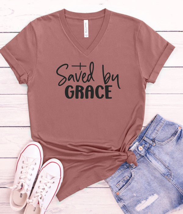 Saved By Grace - V-Neck Graphic Tee - Size: 2X-3X