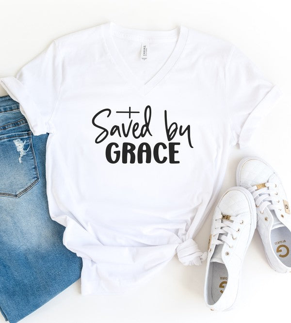 Saved By Grace - V-Neck Graphic Tee - Size: XS-XL