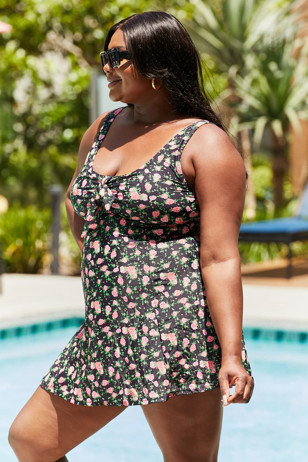 Marina West Swim - Clear Waters Swim Dress in Black Roses - Size: S-3XL