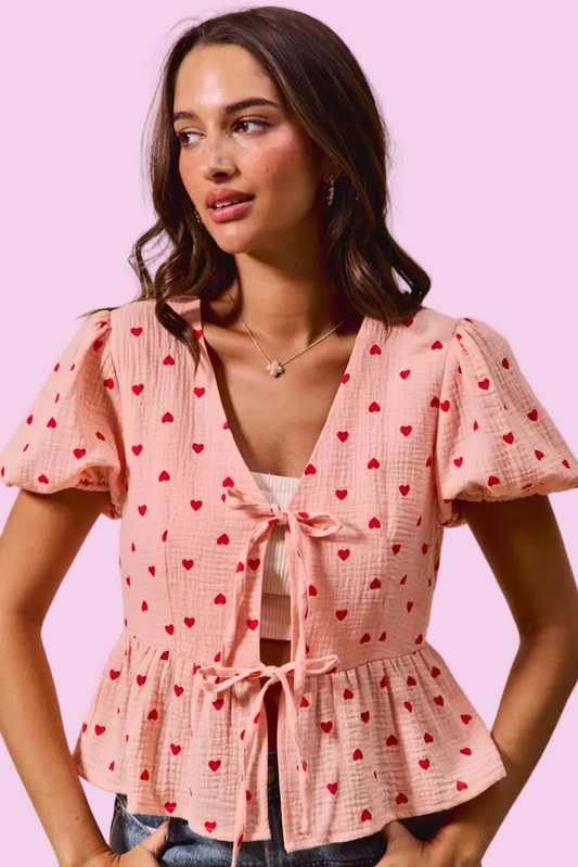 SO ME - All Over Heart Ribbon Tie Baby Doll Valentine Blouse - Size: S-XL