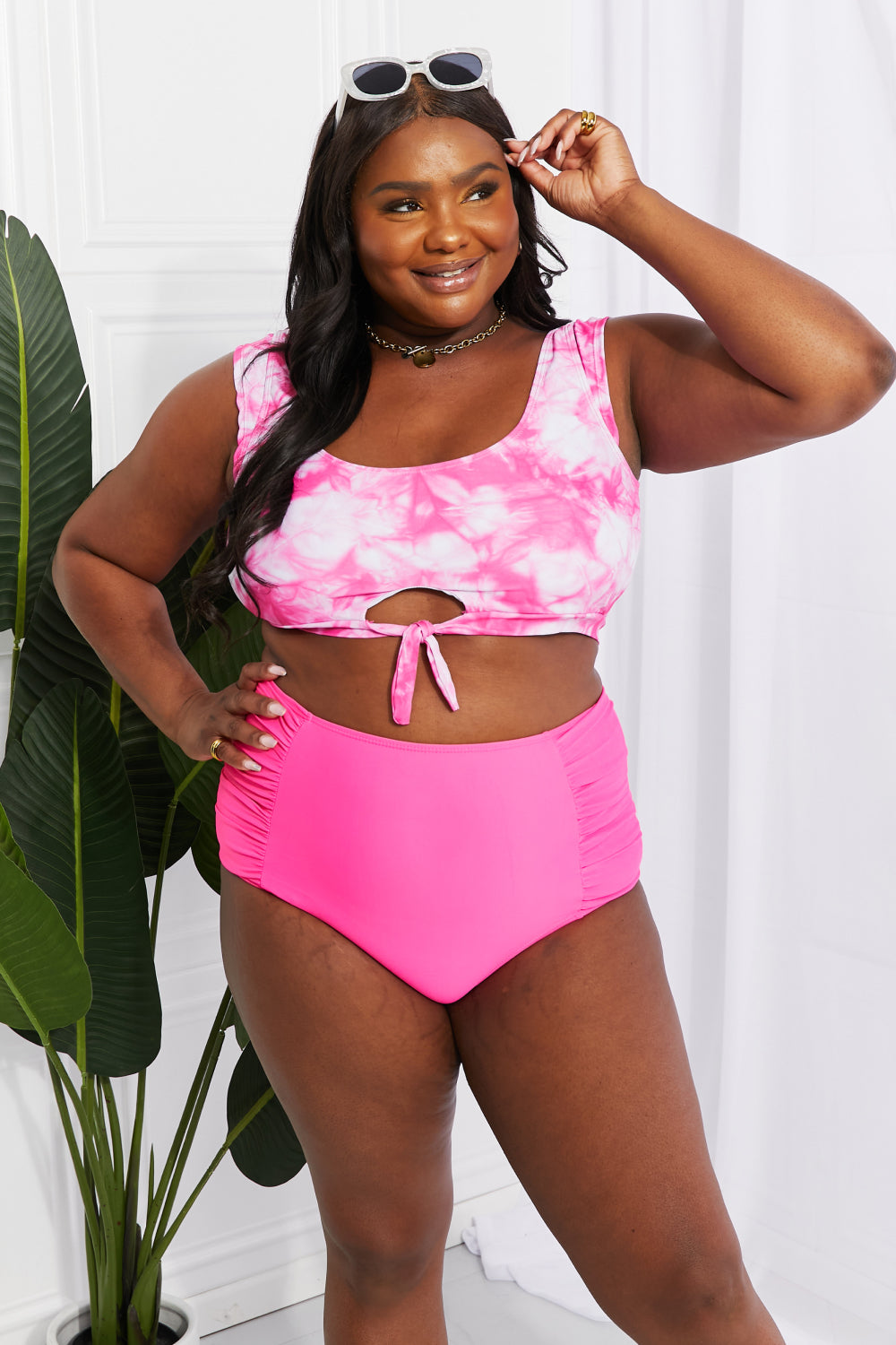 Marina West Swim - Sanibel Crop Swim Top and Ruched Bottoms Set in Pink