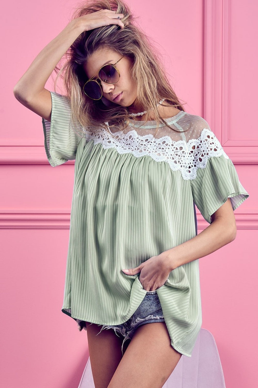 BiBi - Lace Detail Short Sleeve Striped Blouse