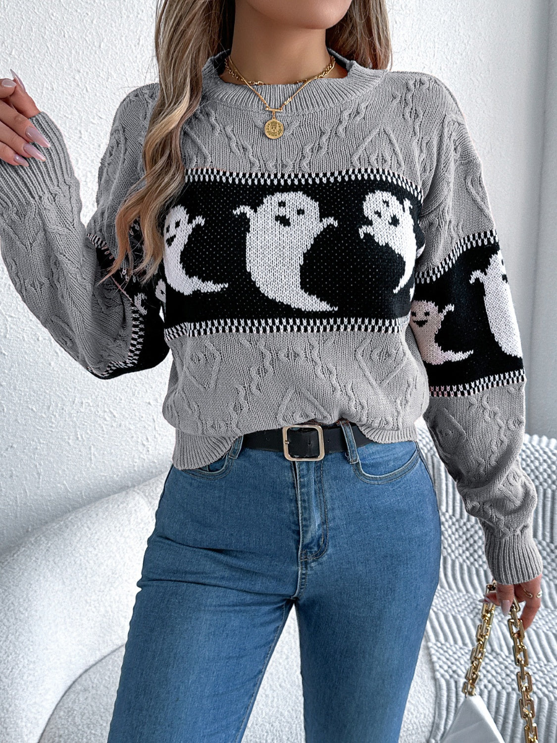 Ghost - Round Neck Long Sleeve Sweater - Halloween Collection