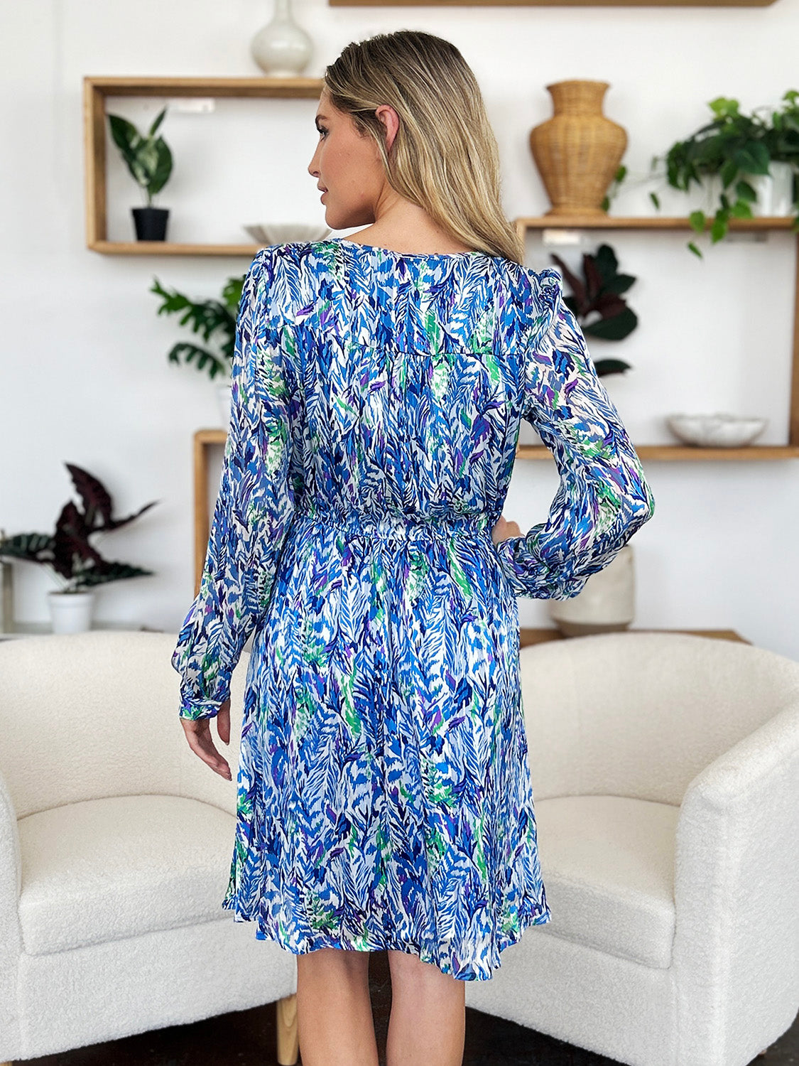 Double Take - Printed Drawstring Waist Long Sleeve Dress - S-3XL