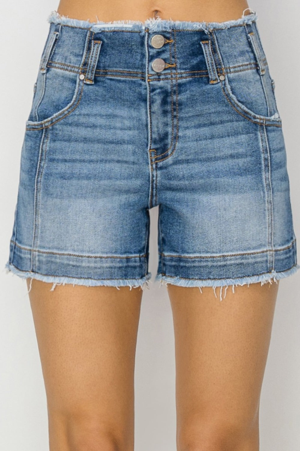 RISEN - High Rise Seam Detailed Raw Edge Denim Shorts