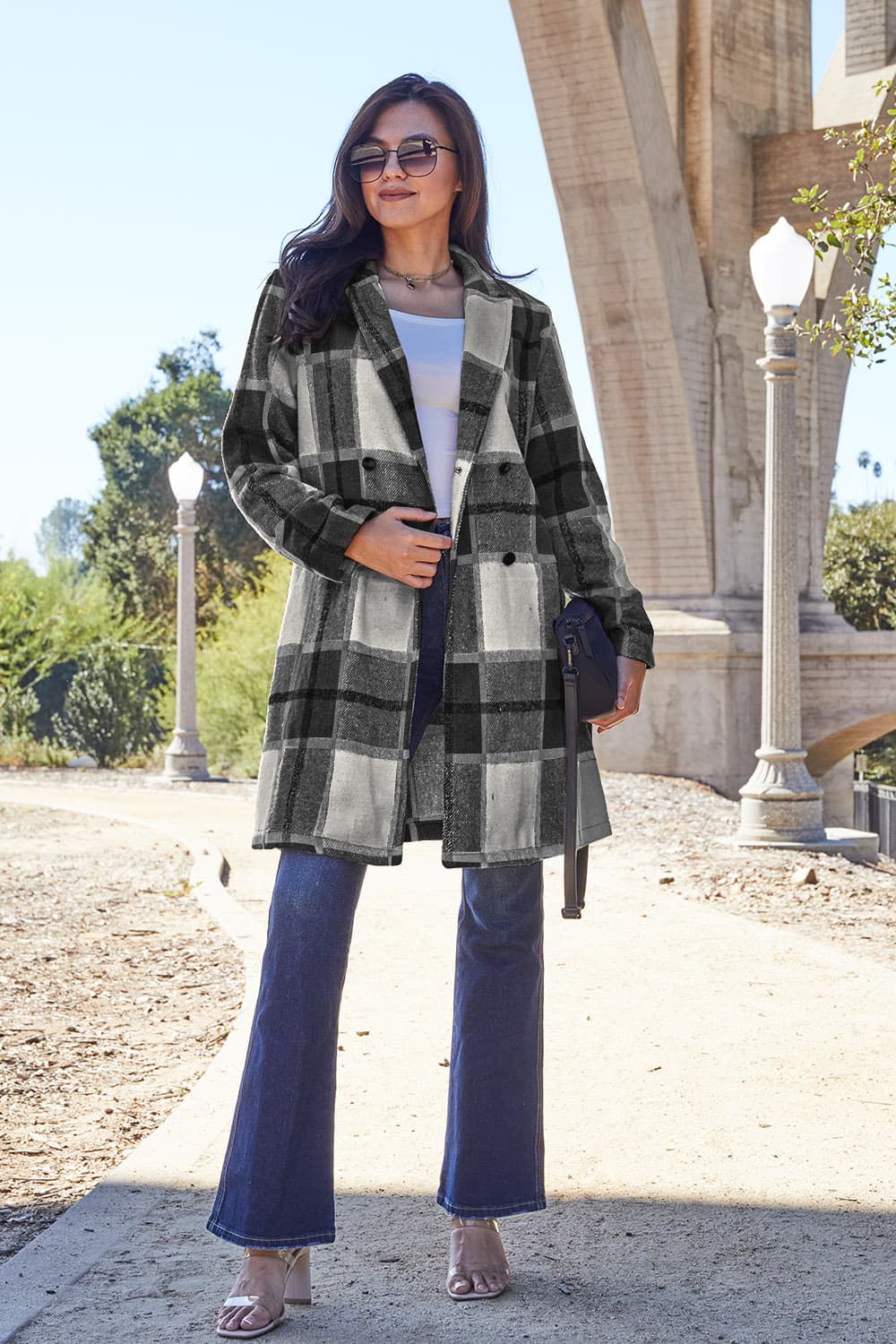 Double Take - Plaid Button Up Lapel Collar Coat - Size: S-3XL