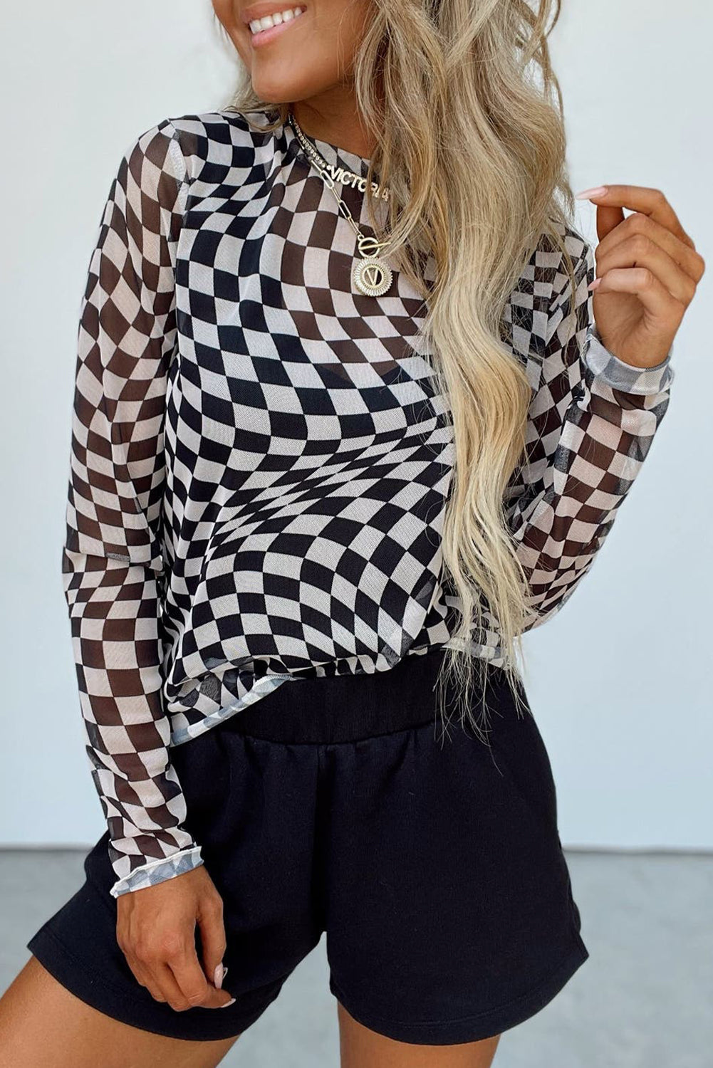 Checkered Mock Neck Long Sleeve Sheer Blouse - Size: S-XL