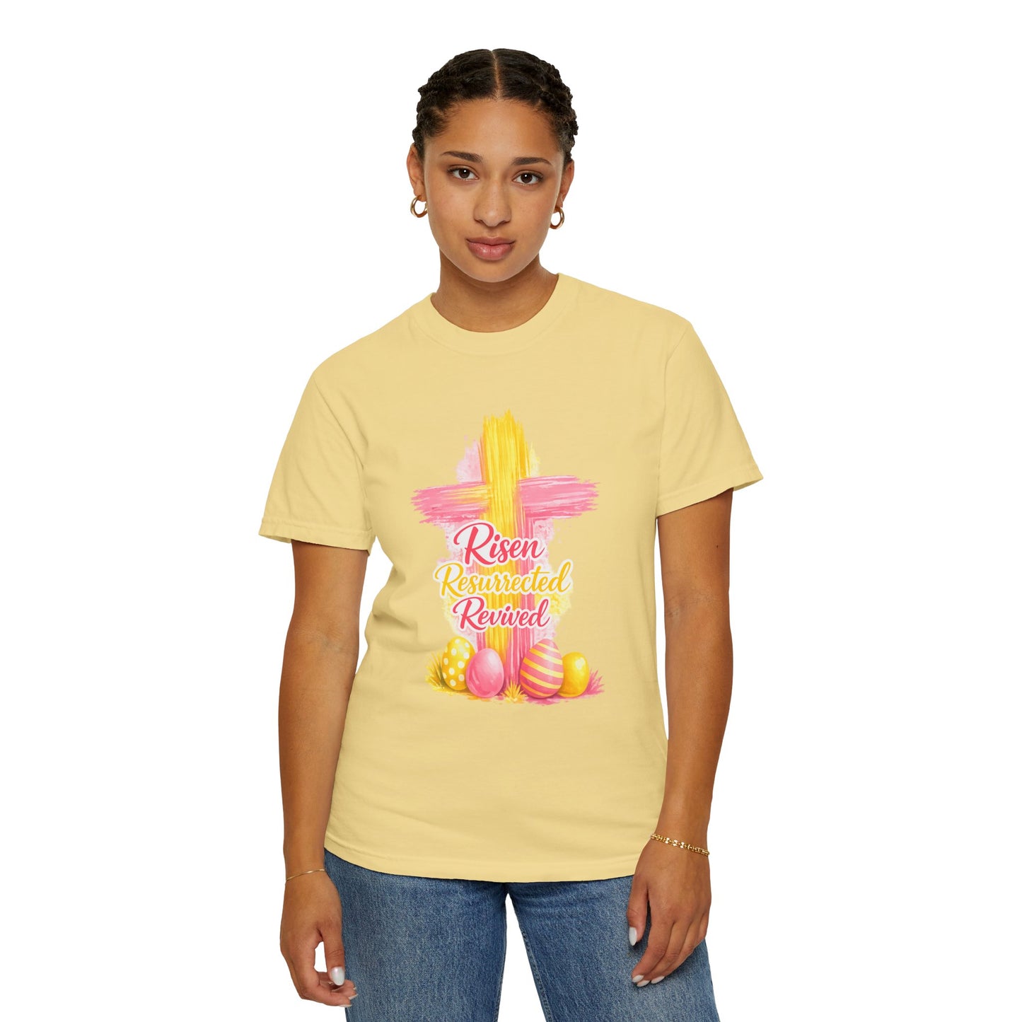 Easter Cross “Risen Resurrected Revived” Graphic Tee (Comfort Colors) - Size: S-4XL