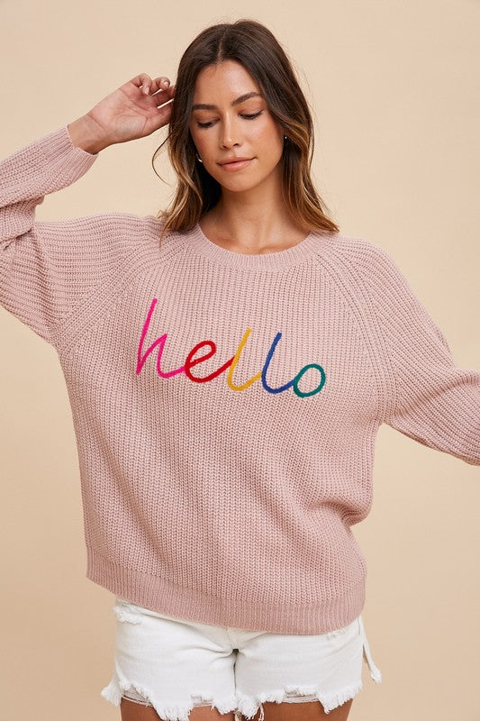 Annie Wear - HELLO Embroidered Raglan Sleeve Sweater - Size: S-XL