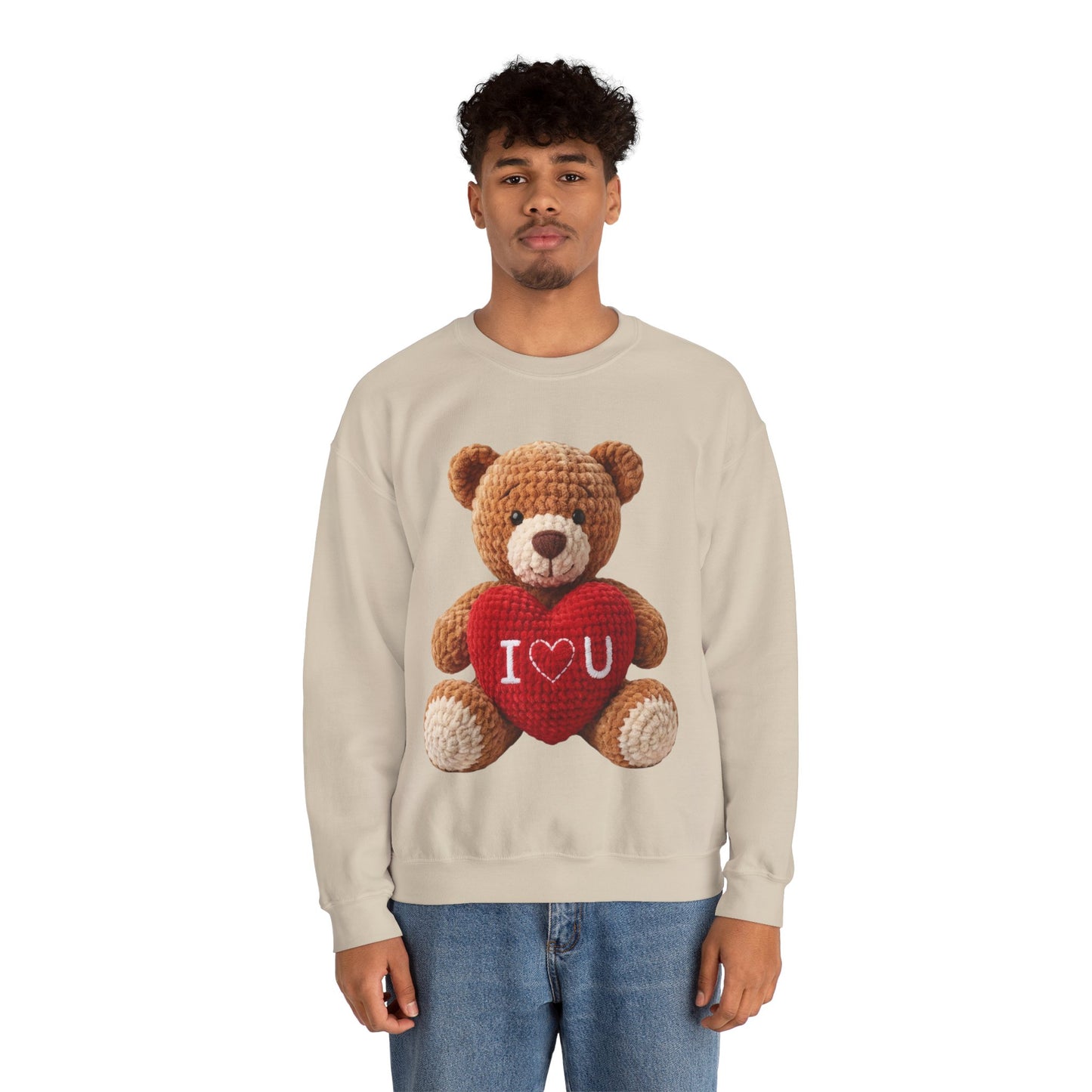 Valentine Faux Crochet I ❤️ U Teddy Bear Graphic Crewneck Sweatshirt (Gildan) - Size: S-3XL - Valentine's Day Shirt