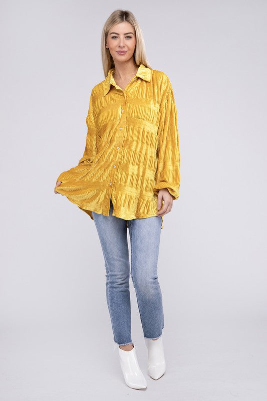 Bibi - Wrinkle Effect Tiered Shirring Velvet Shirt w/ Color Options