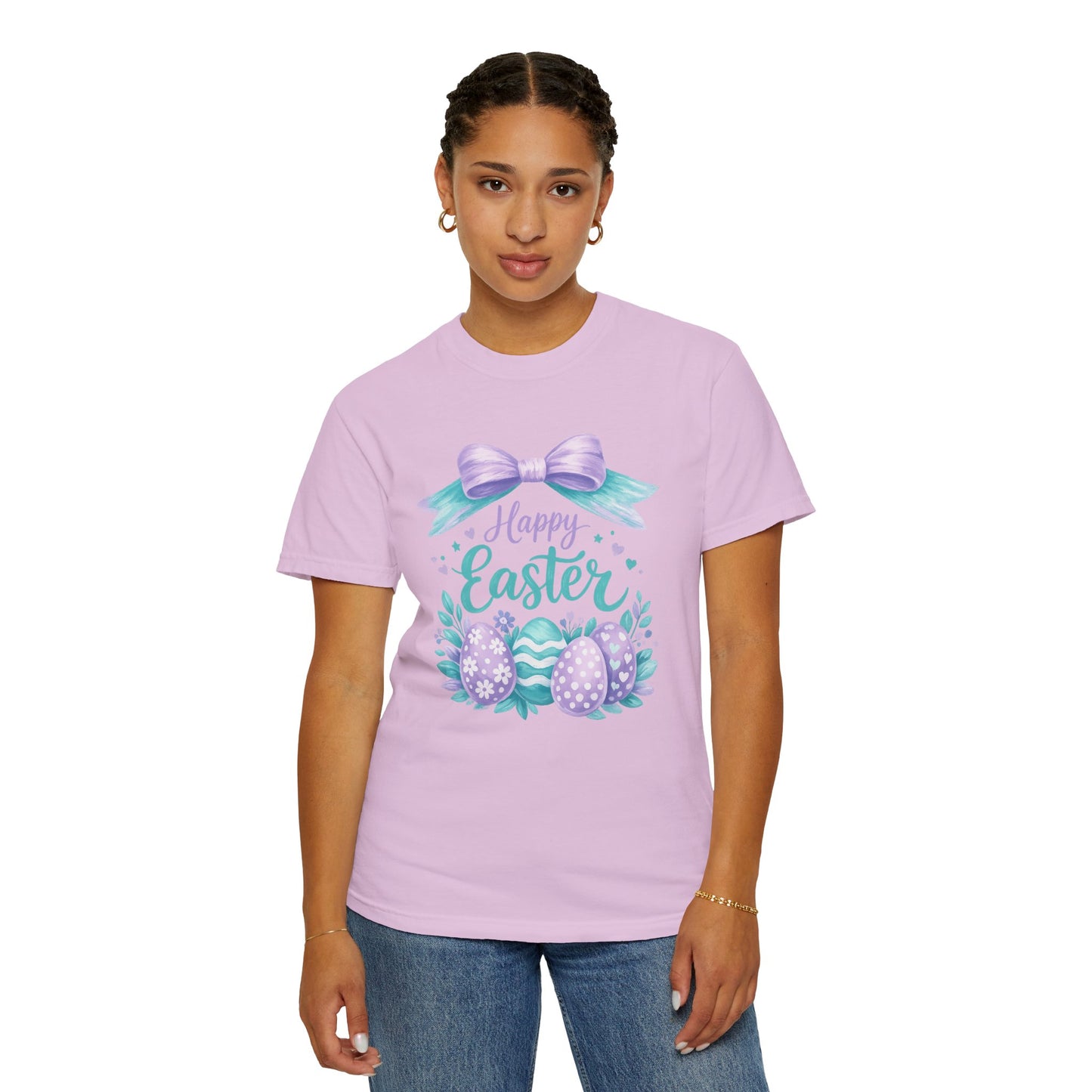Adult Easter T-Shirt - "Happy Easter" Pastel Eggs & Bow Holiday Graphic Tee (Comfort Colors) - Size: S-4XL