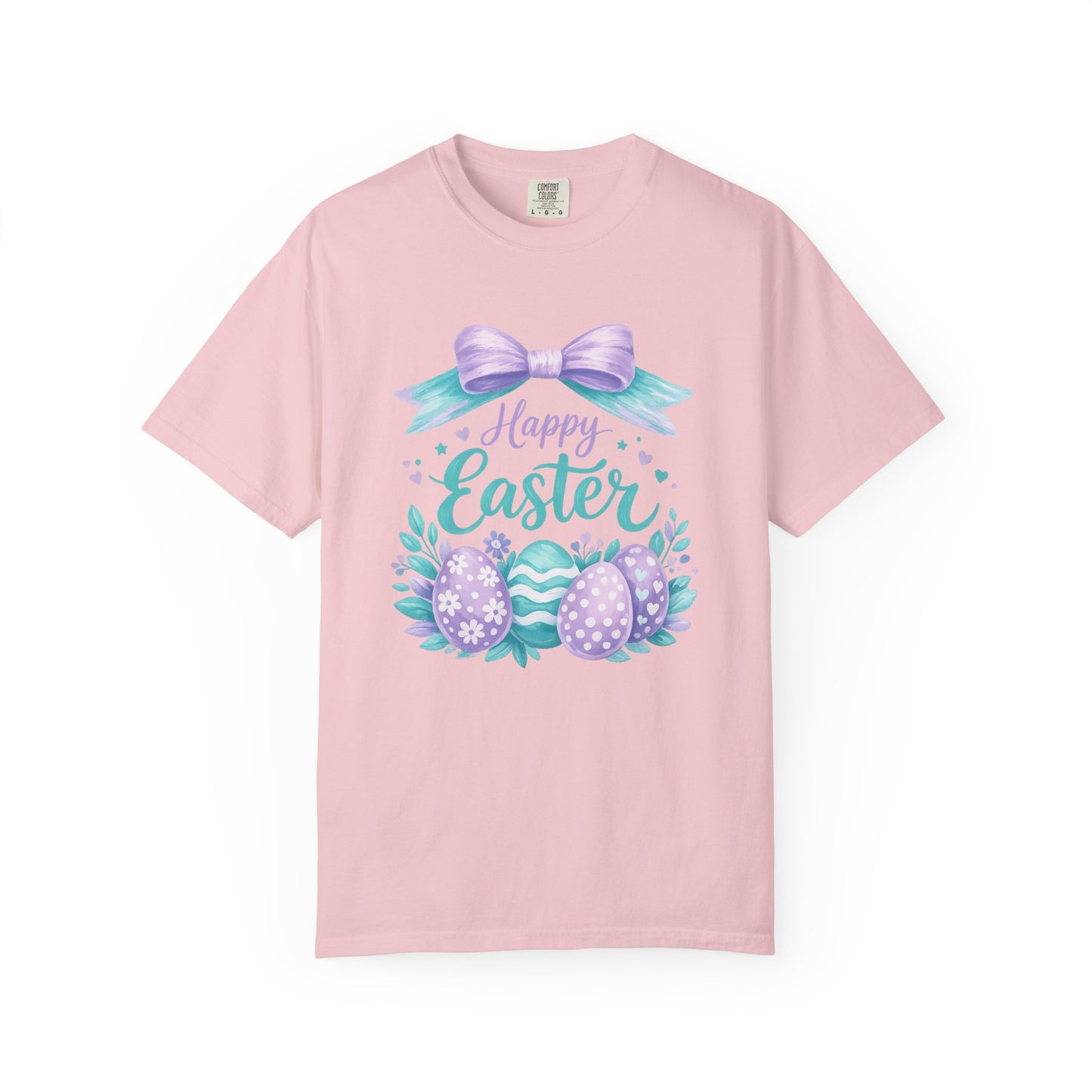 Adult Easter T-Shirt - "Happy Easter" Pastel Eggs & Bow Holiday Graphic Tee (Comfort Colors) - Size: S-4XL