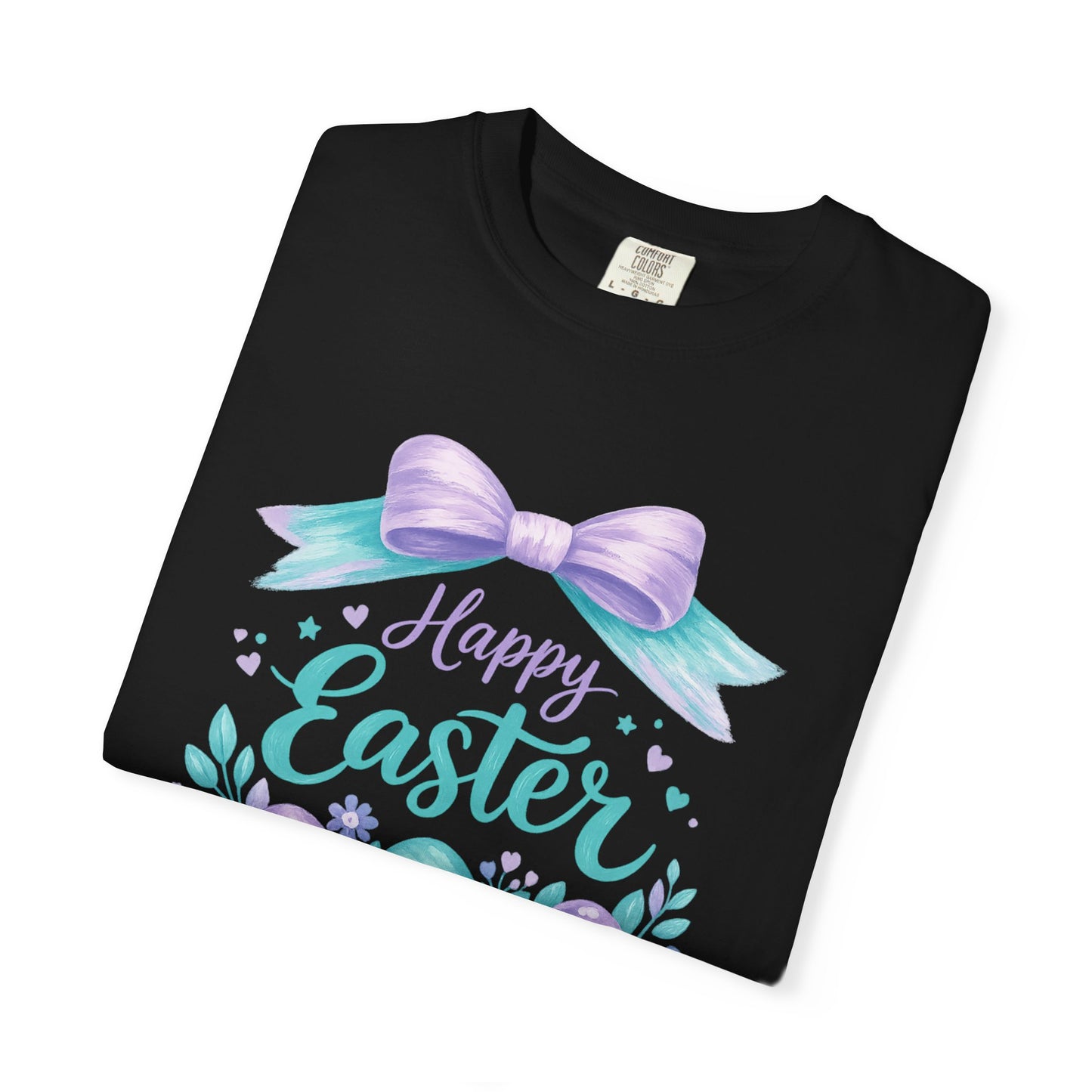 Adult Easter T-Shirt - "Happy Easter" Pastel Eggs & Bow Holiday Graphic Tee (Comfort Colors) - Size: S-4XL