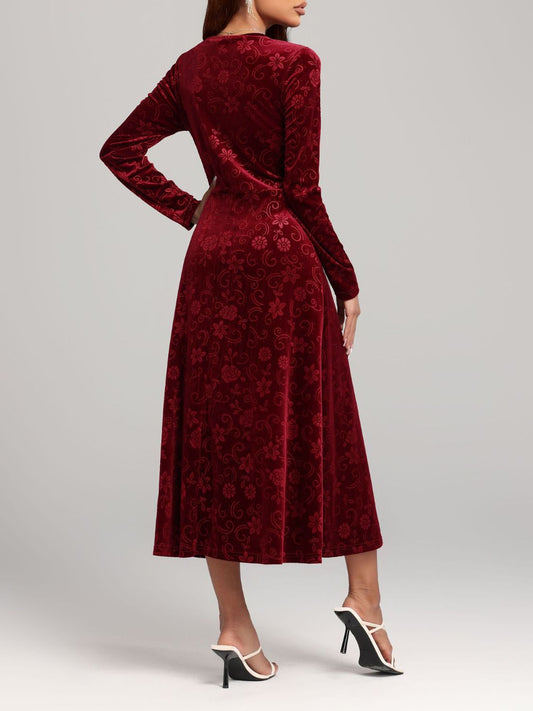 Flower Print V-Neck Long Sleeve Midi Dress - Size: S-XL