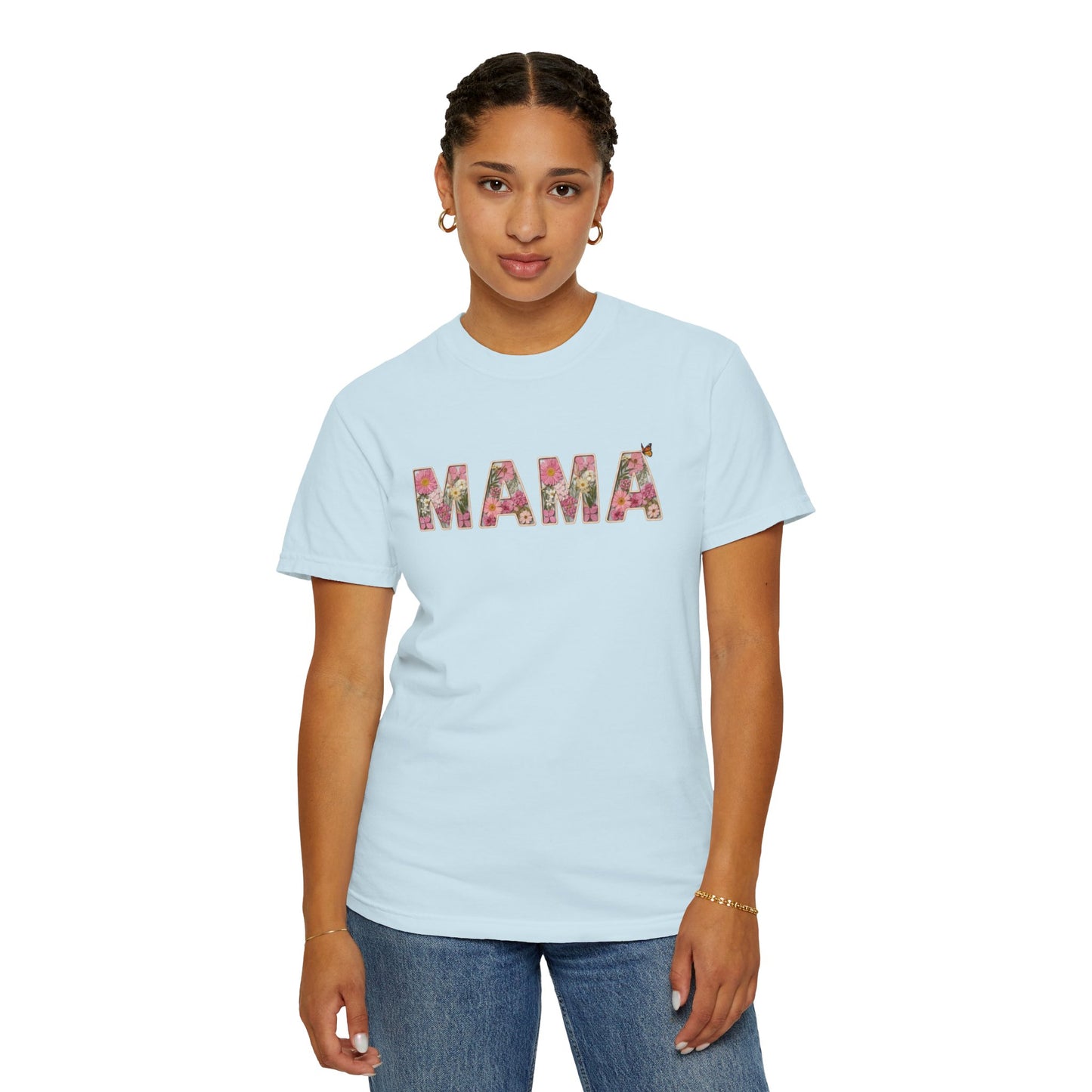 Spring Floral "MAMA" Graphic Tee (Comfort Colors) - Size: S-4XL - Cute Matching Mommy & Me Shirt, Pink Flower Lettering Mom Top, Gift for Moms