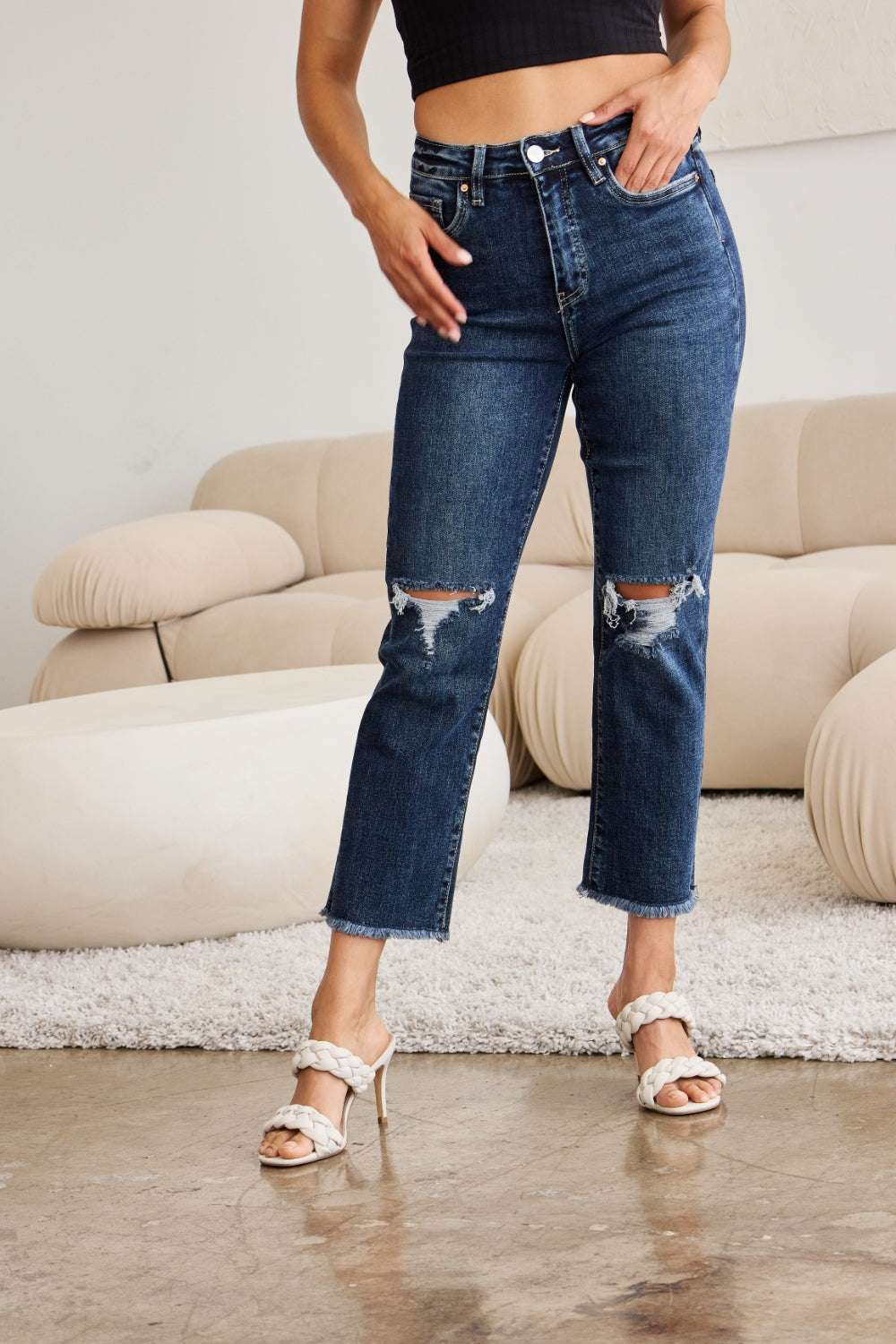 RFM - Crop Dylan Tummy Control Distressed High Waist Raw Hem Jeans - Size: 23-32 & 16W-24W