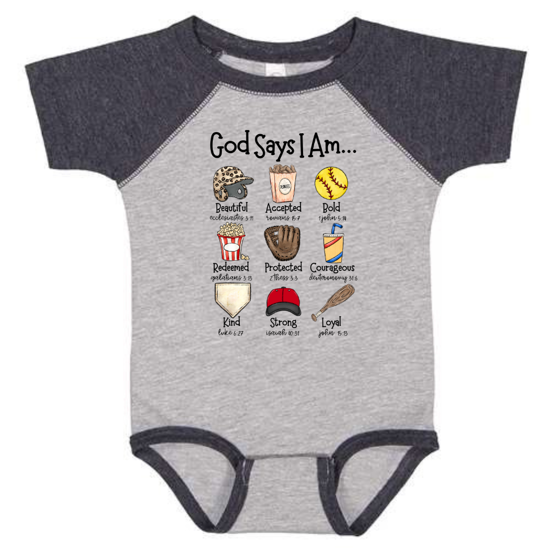 Softball God Says I Am - Infant Raglan Bodysuit - Size: NB-24M