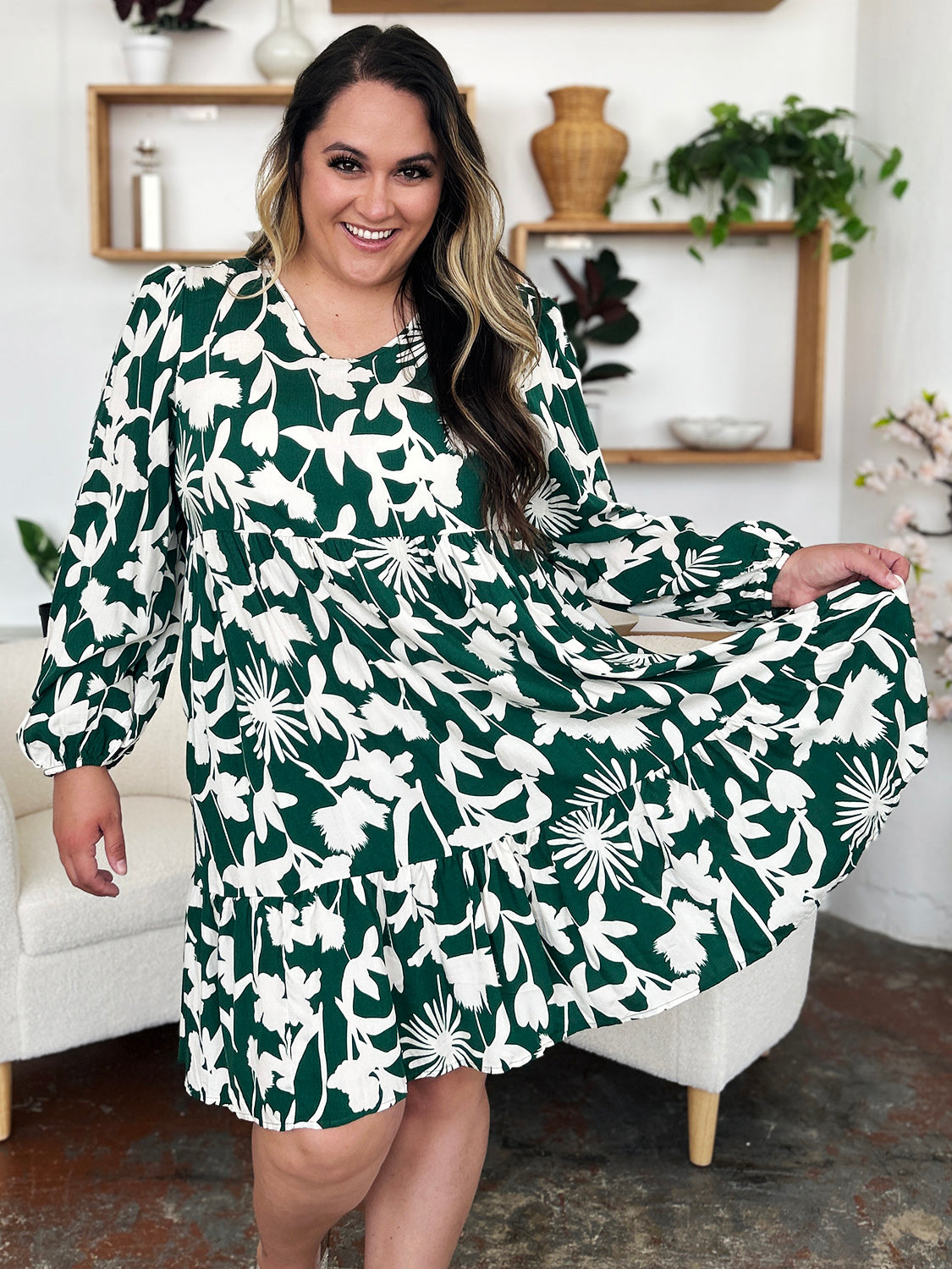 Double Take - Printed Ruffle Hem Dress with Pocket - Size: S-3XL