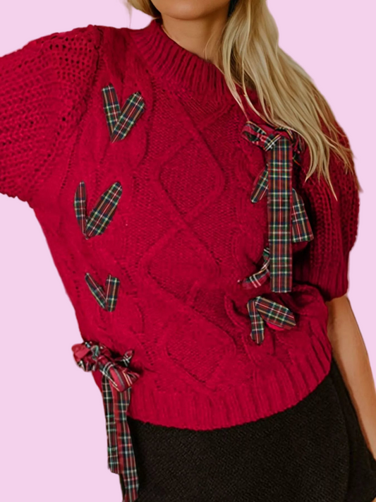 Plaid Lace Up Detail Christmas Holiday Puff Short Sleeve Sweater - Size: S-XL