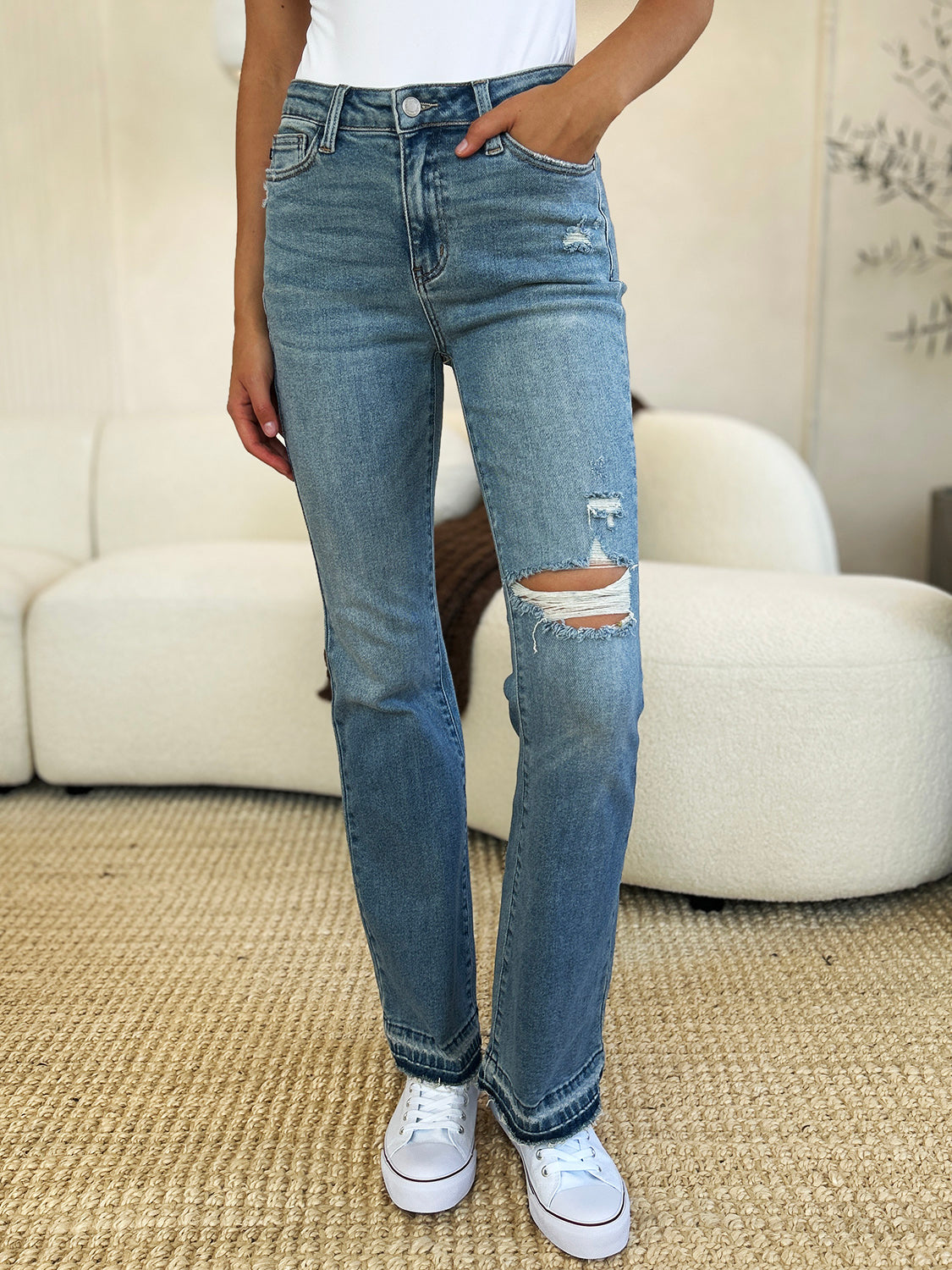 Judy Blue - Mid Rise Destroyed Hem Distressed Jeans - Size: 0-24W