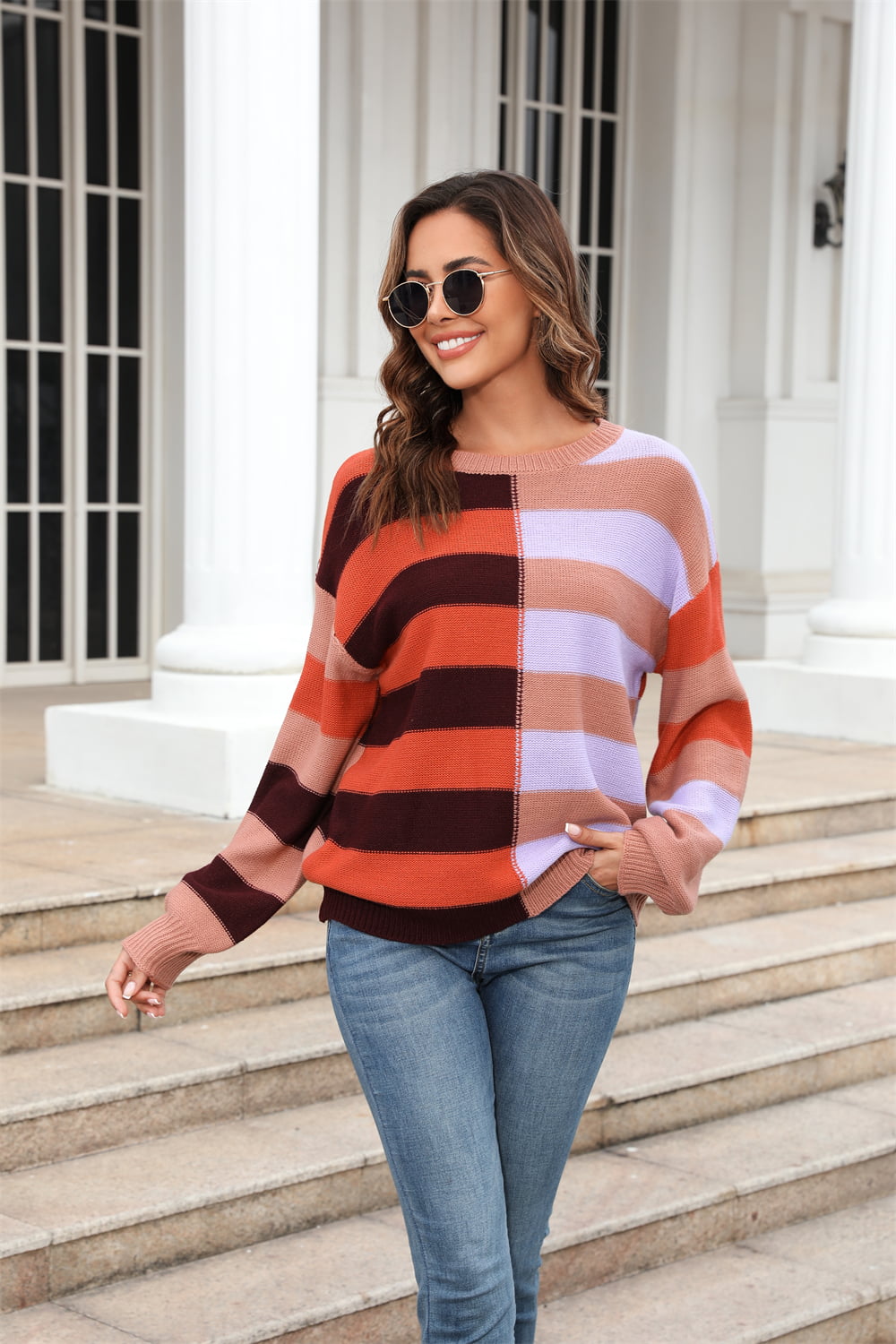 Angel Wings - Round Neck Long Sleeve Color Block Dropped Shoulder Pullover Sweater - Size: S-XL