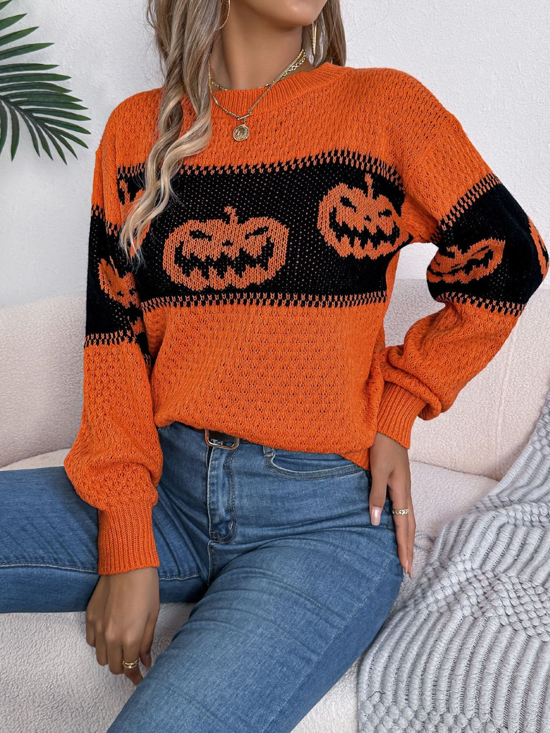 Pumpkin - Round Neck Long Sleeve Sweater - Halloween Collection